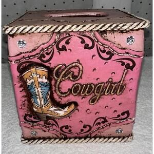 Western Cowgirl Bling Pink Boot Horseshoe Tissue Box Cover Rustic Leather Lookin